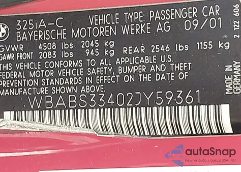 2002 BMW 325Ci из США, поврежденный, VIN WBABS33402JY59361